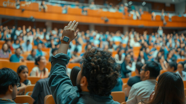 A university student raising their hand during a lecture in a large, modern classroom filled with attentive students 