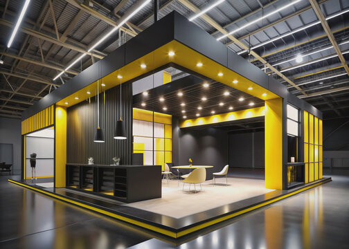 Modern exhibition stand with complex black and yellow structure, abundant furniture, and high-contrast cinematic lighting, showcasing a sleek and sophisticated corporate display area.