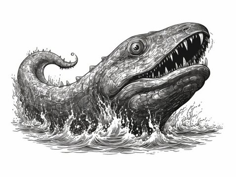 recommend clip art: Black and white Vintage engraved art of a leviathan isolated on white background, ink sketch illustration, simple vector art design, highly detailed line art, high contrasty 