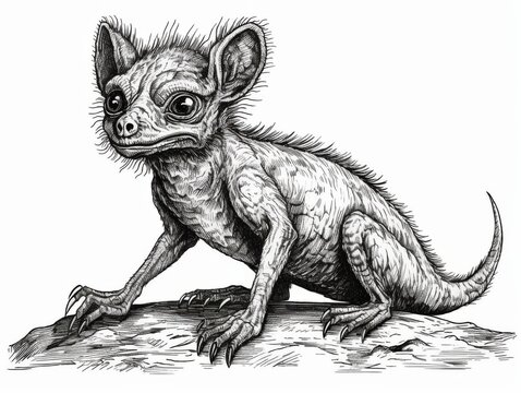 recommend clip art: Black and white Vintage engraved art of a kobold isolated on white background, ink sketch illustration, simple vector art design, highly detailed line art, high contrasty 