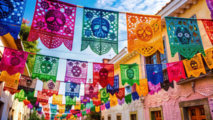 Fototapeta premium Vibrant papel picado banners in traditional Dia de los Muertos colors and intricate designs adorn a street, set against a clean white background, evoking festive atmosphere.