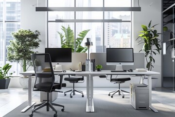 Modern Office Workspace with Adjustable Desks and City View