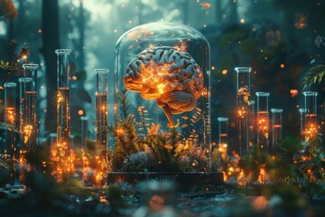 A brain in an open beaker with plants, trees, and fish inside of it surrounded by glass test tubes filled with glowing liquid, glowing particles around the scene, bright light coming from behind 