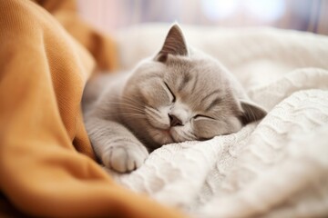 Sleeping british shorthair cat animal blanket mammal.