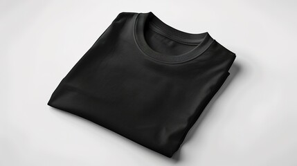Folded Black T-Shirt with a Simple and Clean Design, Featuring a Solid Black Color Against a White Background, Ideal for Showcasing Minimalist Apparel and Fashion Essentials