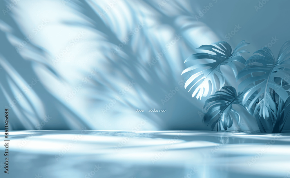 Poster light blue minimal background with tree branch shadow on white wall for product display