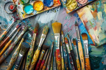 Obraz premium Colorful Palette and Paintbrushes on a Painted Surface