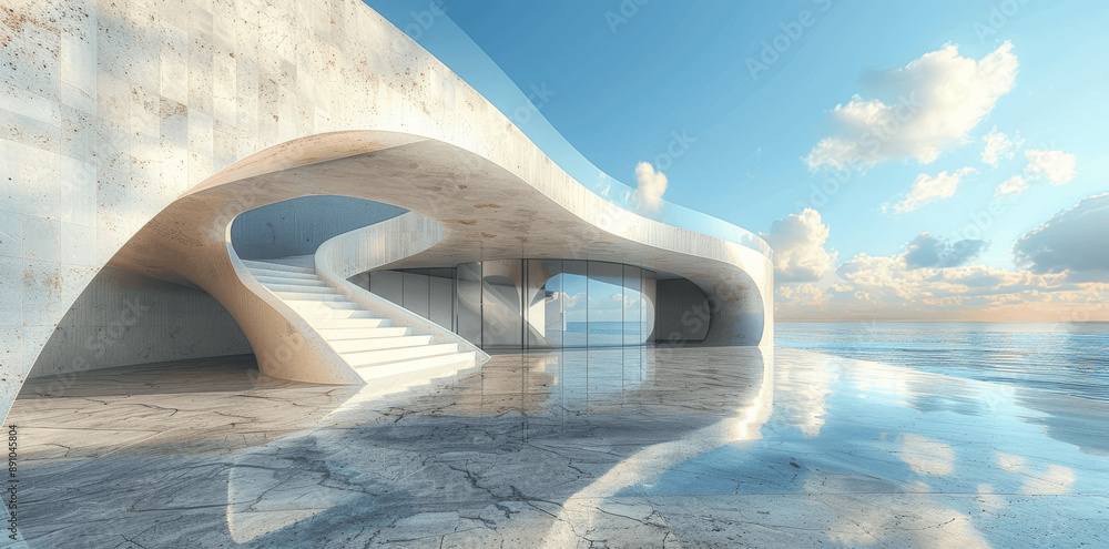 Poster ultra realistic 3d render of futuristic abstract architecture with empty concrete floor and blue sky