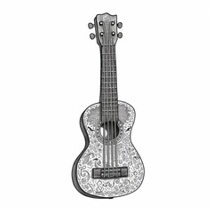 Obraz premium Black and white Vintage engraved art of a ukulele isolated on white background, ink sketch illustration, simple vector art design, highly detailed line art, high contrasty. 