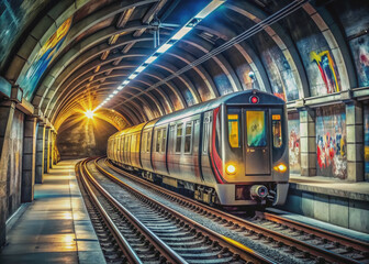 Fototapeta premium A sleek, modern, empty subway train speeds through a dimly lit, graffiti-covered tunnel, wheels screeching, illuminating the dark urban infrastructure with bright headlights.