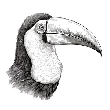 recommend clip art: Black and white Vintage engraved art of a toucan isolated on white background, ink sketch illustration, simple vector art design, highly detailed line art, high contrasty.