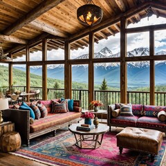 Fototapeta premium eclectic mountain lodge with bohemian decor, vibrant textiles, and panoramic views of the surrounding peaks