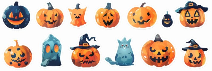 Vibrant Collection of Rhinestone Halloween Stickers Featuring Glittery Pumpkins, Bats, and Spiders on a Stark White Background
