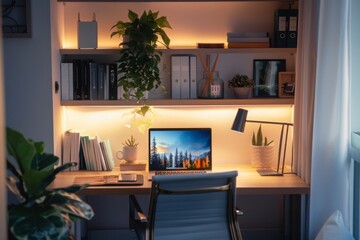 Cozy Home Office with Warm Lighting and Plants