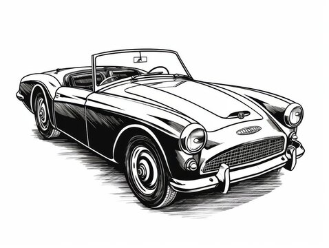 recommend clip art: Black and white Vintage engraved art of a vintage sports car isolated on white background, ink sketch illustration, simple vector art design, highly detailed line art, high contrasty