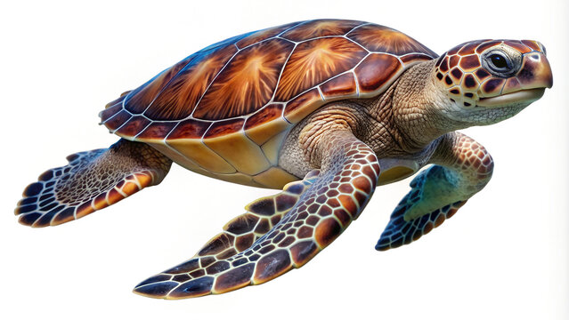 Close up of a sea turtle swimming isolated on a white background