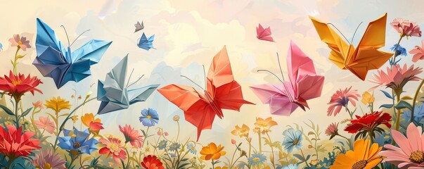Colorful origami butterflies, intricately folded, fluttering around a serene garden, rich in bright flowers, sketch style, soft pastel tones