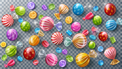 Obraz premium Colorful assortment of wrapped candies on transparent checkered background