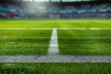 empty soccer stadium with green field and white markings blurred background photorealistic high detail