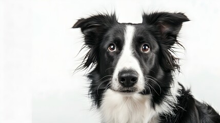 Fototapeta premium Border collie dog sitting and tilting its head, looking at the camera with a cute, inquisitive face