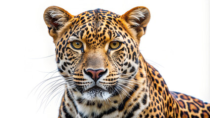 Obraz premium Close up of a majestic leopard with intense gaze on white background