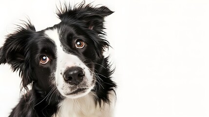 Border collie dog sitting and tilting its head, looking at the camera with a cute, inquisitive face