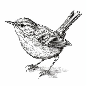 recommend clip art: Black and white Vintage engraved art of a wren isolated on white background, ink sketch illustration, simple vector art design, highly detailed line art, high contrasty
