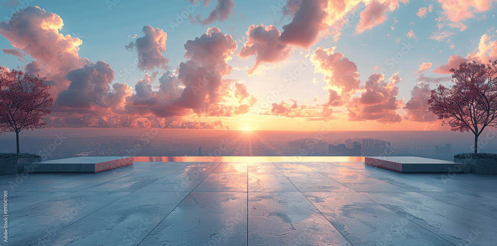 Poster 3d render of modern architecture with empty concrete floor and city view at sunset, rooftop platform