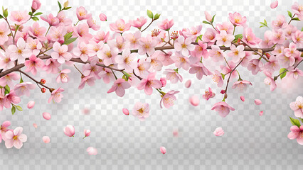 Fototapeta premium Beautiful pink cherry blossom branch with falling petals on transparent background