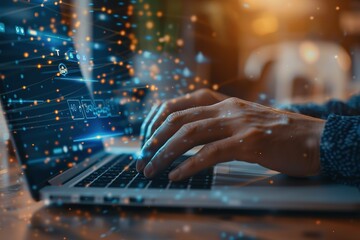 Cybersecurity expert working on a laptop with a digital lock icon overlay, emphasizing protection and data security