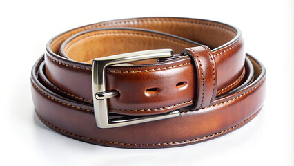 Close up of elegant brown leather belt with silver buckle on white background