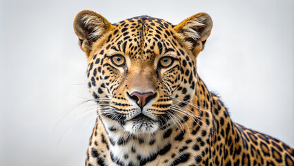 Close up portrait of a majestic leopard with intense gaze against white background
