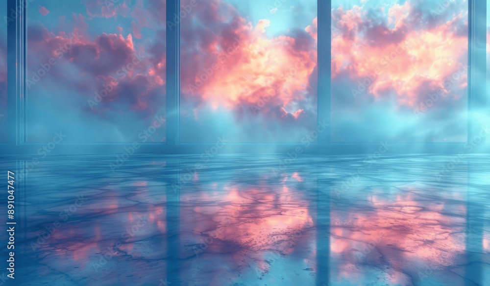 Poster abstract light blue gradient background with blurred glass window for product display in minimalisti
