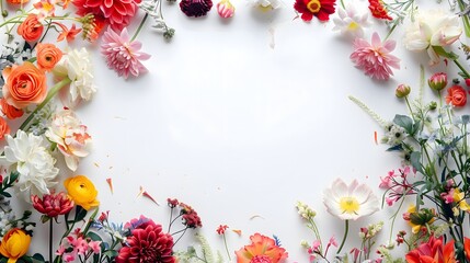 Colorful Floral Frame with Assorted Flowers on White Background_