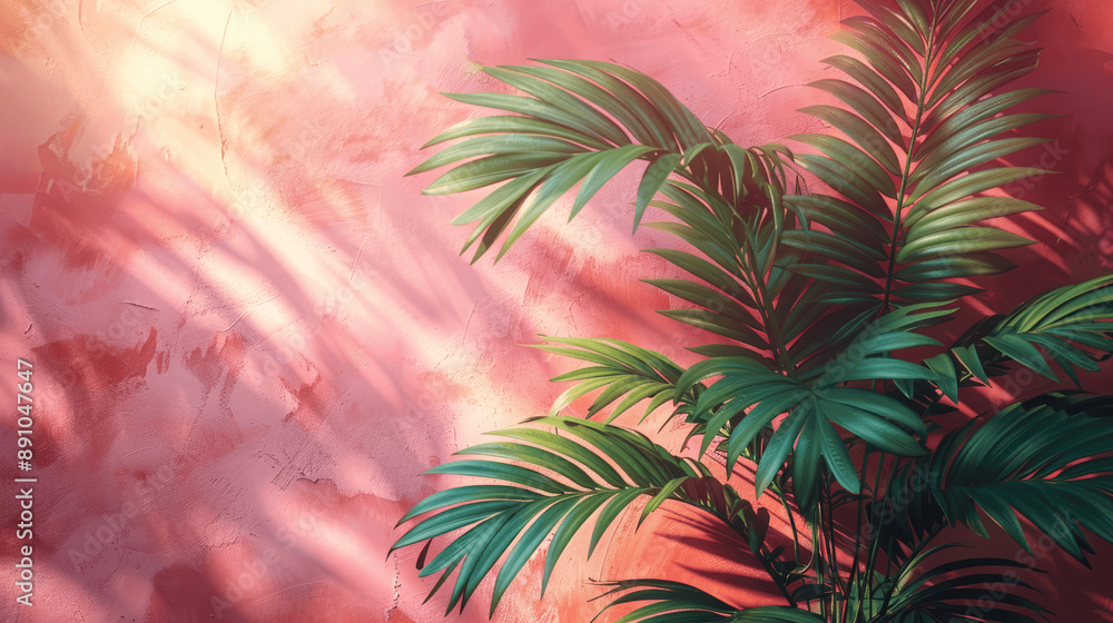 Poster abstract minimalist background with blurred palm leaf shadows on a light peach wall for product pres