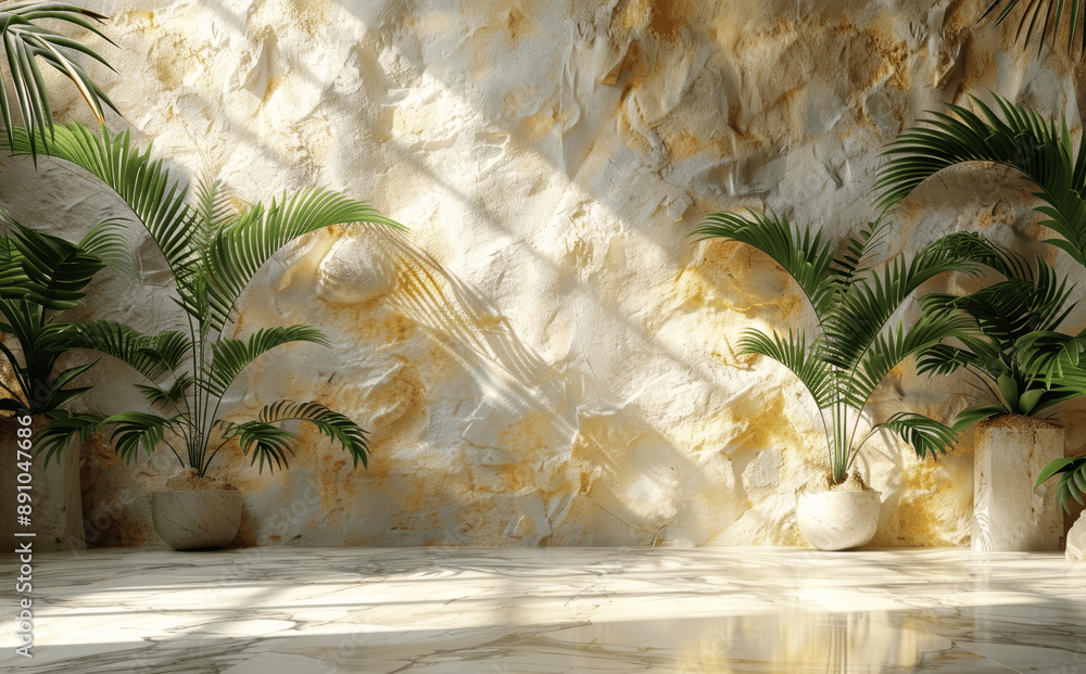Poster abstract light beige background with palm leaf shadow and marble table in sunlight for product prese