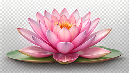 Realistic 3D pink lotus flower with a green pad isolated on a transparent background.