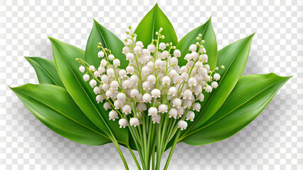 Obraz premium Beautiful lily of the valley flowers with green leaves on transparent background