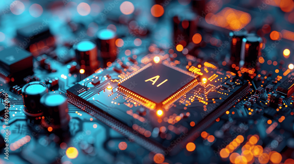 Poster macro photography of ai chip on circuit board with bokeh effect and blue lighting