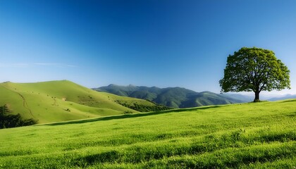 A scenic summer landscape with rolling green hills, a farmhouse nestled amongst trees, and fluffy clouds drifting across a blue sky