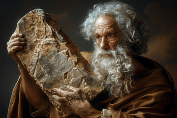 Moses Holding the Ten Commandments Stone Tablets Biblical Scene Hyper Realistic Photograph Studio Lighting Warm Tones High Resolution