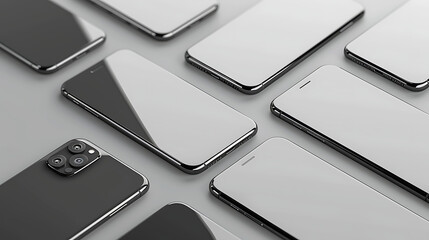 Assorted sleek phone models showcasing advanced screen features, set against a transparent background. 