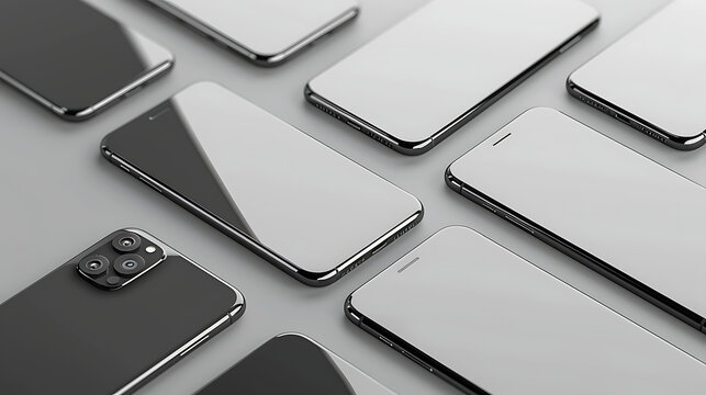 Assorted sleek phone models showcasing advanced screen features, set against a transparent background. 