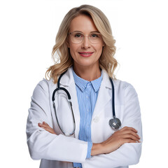 Fotografía de una doctora alegre cruzado los brazos sobre un fondo blanco