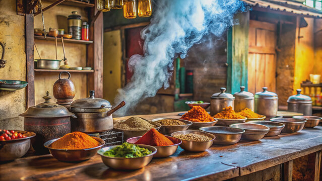 Cozy dhaba interior with rustic wooden counter, vibrant Indian spices, and steaming kettle, capturing essence of small food business in rural India setting.