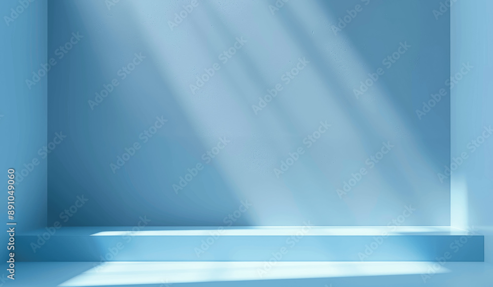 Poster modern minimal light blue background with empty white shelf for product presentation in studio room