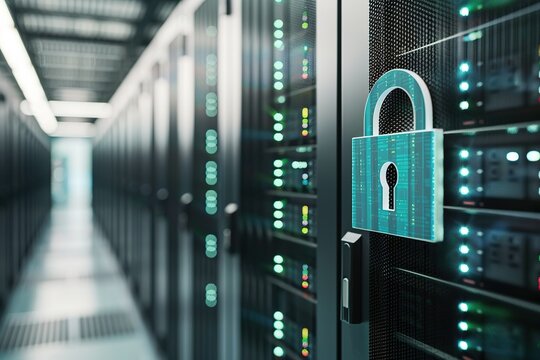 Digital padlock icon in front of a network server rack