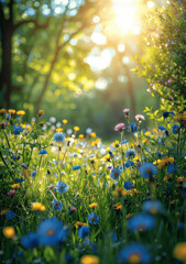 Fototapeta premium Idyllic spring meadow with lush grass, blooming flowers, green trees, blue sky, sunlight and dandelions