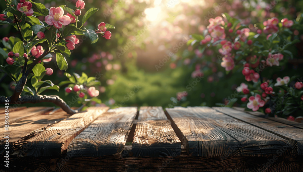 Wall mural spring wooden table with blossoming trees and green garden in sunny day background for product displ