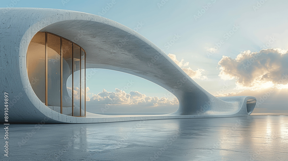 Poster 3d render of minimalistic modern curved white futuristic architecture with detailed concrete texture
